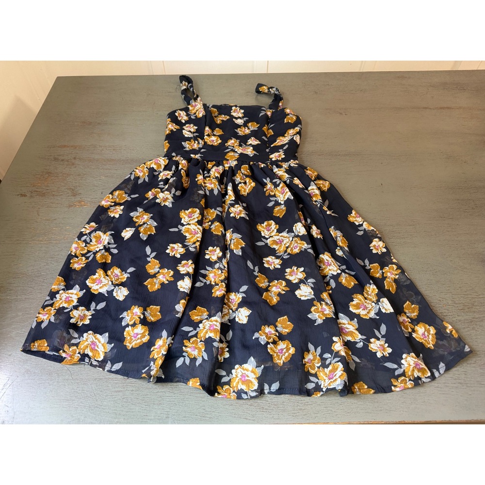 Xhilaration Navy Blue Floral Sun Dress XS Smocked Back Adjustable Straps Chiffon